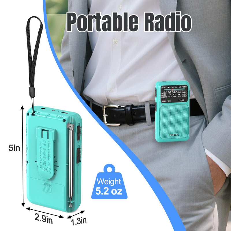 PRUNUS J-211 Portable Radio AM FM with USB Charging and AA Battery Operated, Transistor Radio, Strong Reception& Clear Speaker, Headphone Jack, Back Clip, Lanyard, Small radios Portable AM FM Blue