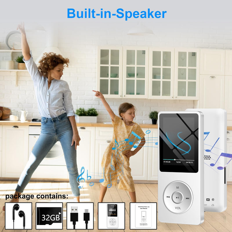 [AUSTRALIA] - Aigital MP3 Player with Bluetooth and 32GB TF Card, HiFi Music Player with Built-in Speaker and Earphones, Multifunctional MP3 Players with FM/Recording/E-Book/Video,Silver White 
