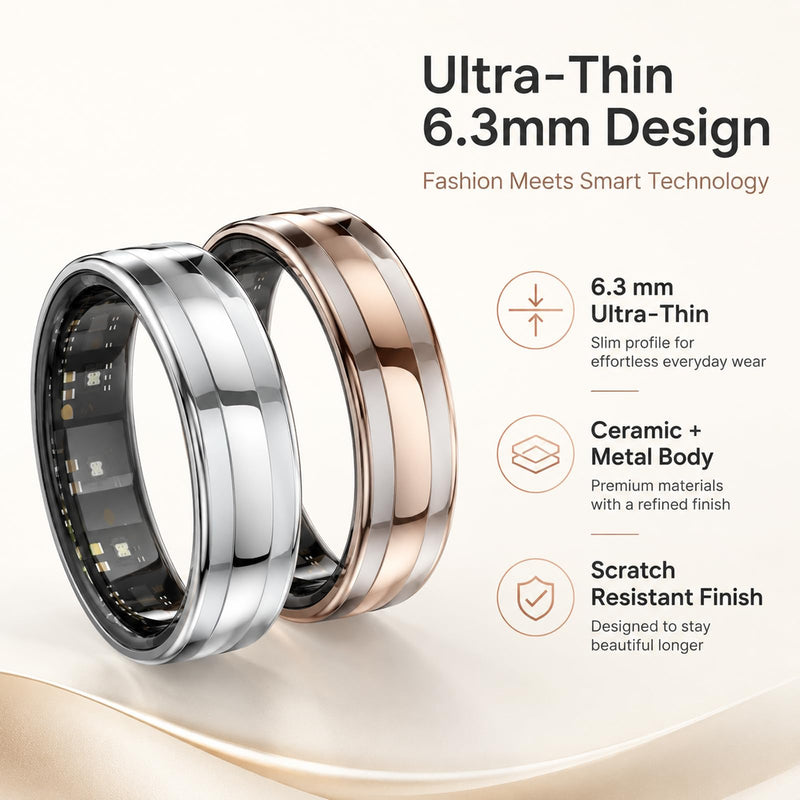 Yihou Smart Ring for Men Women, Health & Fitness Tracker, Ultra-Thin 6.3mm | Sleep insights, heart rate monitoring, gesture control, ceramic-metal body, waterproof design, activity tracking Silver #7(2.17 inch)