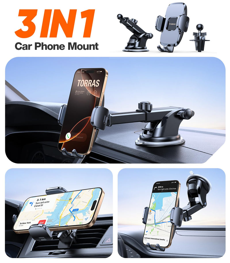 TORRAS Proven & Safer Eye-Level Car Phone Holder Mount for iPhone/Android | 96+LBS Strongest Suction Phone Holders for Your Car, Patent & Safety Certs Cell Phone Car Mount for Dashboard Windshield Vent Gray