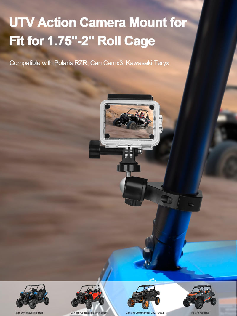UTV Camera Mount for GoPro & More, Aluminum Bracket Fits 1.75"-2" Roll Cage on Polaris RZR, 360° Rotation UTV Camera Holder Compatible with Insta360, AKASO, DJI Osmo Action Cameras