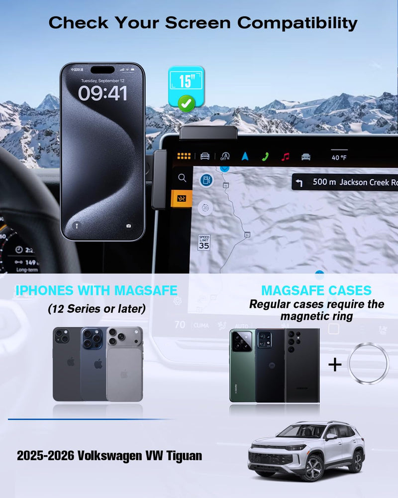 BIXUAN 360° Adjustable Magnetic Phone Holder for 2025-2026 Volkswagen VW Tiguan 15 Inch Screen, Screen-Friendly for MagSafe Magnetic Car Dash Phone Holder Tiguan 25-26 15in Phone Holder