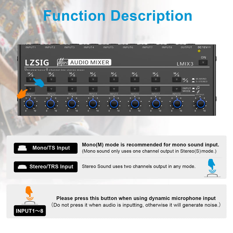 LZSIG Audio Mixer, Stereo Line Mixer for Sub-Mixing, Ultra Low-Noise, 8-Channel, Dynamic Microphone Independent Control, 1/4" & 1/8" TRS Output and Input, for Guitars,Bass,Keyboards Large(8-channel)