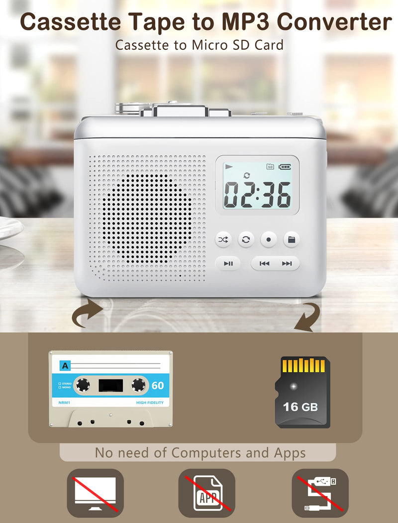 Portable Cassette Player Recorder Converter,Cassette to MP3 via SD Card, Walkman Cassette Tape Player with 1000mah Rechargeable Battery,Built-in Microphone&Speaker,Headphone Jack,16GB SD Card