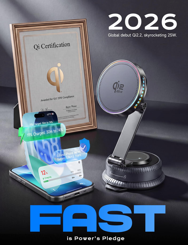Qi2.2 25W MagSafe Car Mount Charger, Cooling Fan, 75W Fast Adapter | Long Arm Magnetic Wireless Car Charger, 360° Rotating Phone Holder for Car, Car Mount for iPhone 17-12 Series