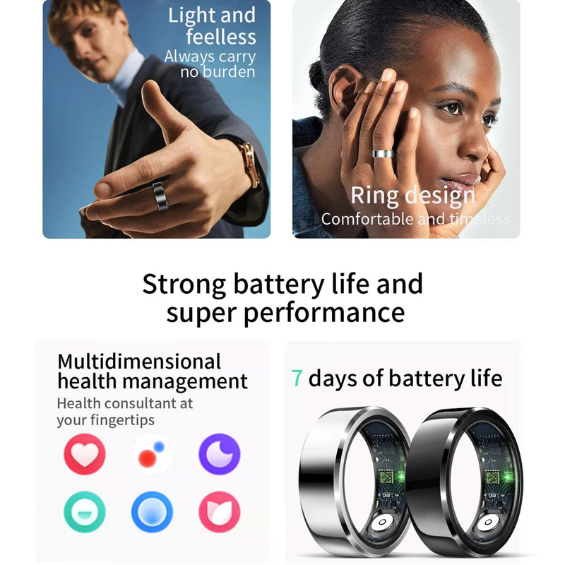 Smart Ring, Fitness Sleep Health Tracker Rings for Men Women, No APP Subscription, Sleep Tracking, Heart Rate, Blood Oxygen, IP68 Waterproof (Black, 10#)