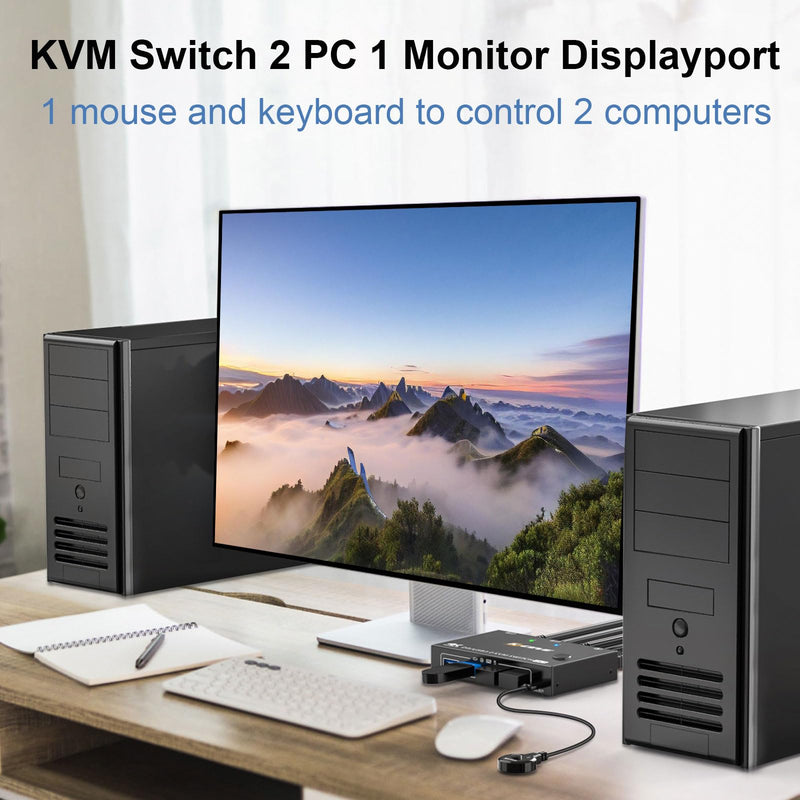 KCEVE KVM Switch 1 Monitor 2 Computers Displayport 4K@144Hz | USB 3.0 KVM Switch Displayport for 2 Computer Share 1 Monitor and 4 USB Devices, Wired Remote(4K DP 2 in 1 out KVM)