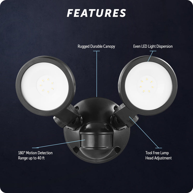 GLOBE Electric 10W Twin Head Motion Sensor LED Flood Light, 1000 Lumens, 180° Detection, 40-Ft Range, 4000K Daylight, Hardwired, Weather Resistant, 17000200 Black, 1000 LM