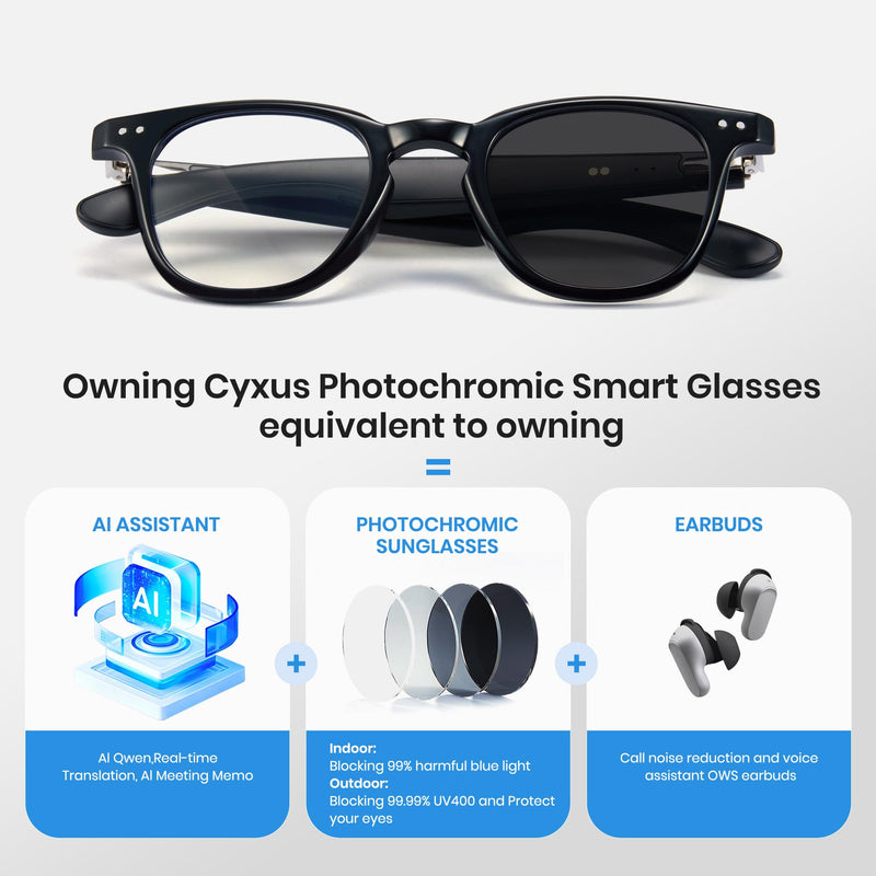 Cyxus AI Smart Photochromic Glasses, Meeting Transcription & Summaries 144 Language Translator 11h Playtime Voice Control HD Calls Business Travel AI8324 Black Frame-Photochromic Lens-Translation, Meeting Transcription & Summaries