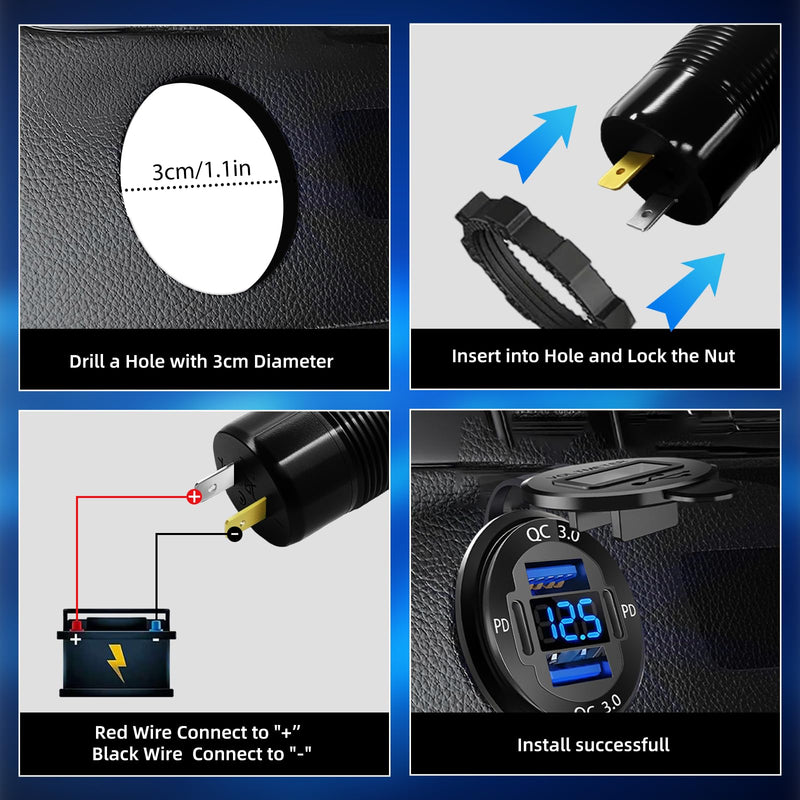 12 Volt USB Charger, 12v USB 4-Port Aluminum Alloy USB C Outlet with LED Voltmeter,Dual PD3.0 & QC3.0 for 12/24V Car Golf Cart Boat Marine Bus Truck RV Marine Motorcycle etc (Pack of Two) pack of two