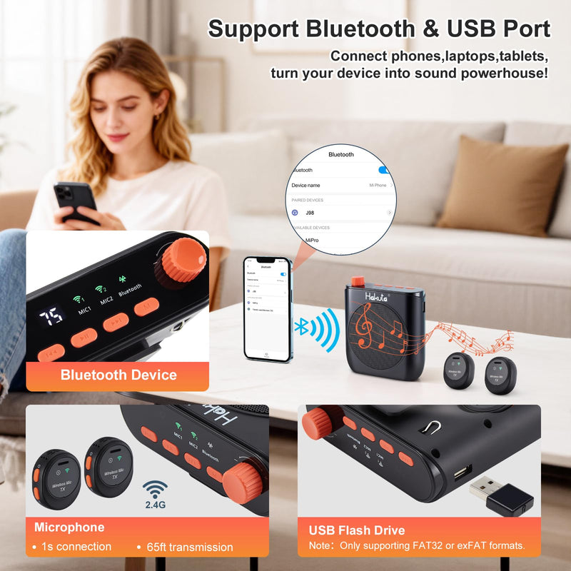 HAKUTA Voice Amplifier with Magnetic Wireless Lavalier Microphone, Portable Bluetooth Speaker for Teachers with 2 Mic, Rechargeable Voice Amplifier for Classroom/Meetings/Training/Outdoor
