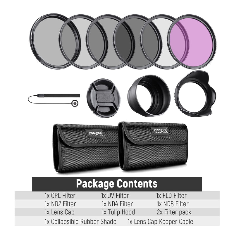 [AUSTRALIA] - Neewer 49mm ND Lens Filter Kit: UV, CPL(Circular Polarising), FLD, ND2, ND4, ND8, Lens Hood and Lens Cap Compatible with Canon Nikon Sony Panasonic DSLR Cameras UV+CPL+FLD+ND2+ ND4+ND8 