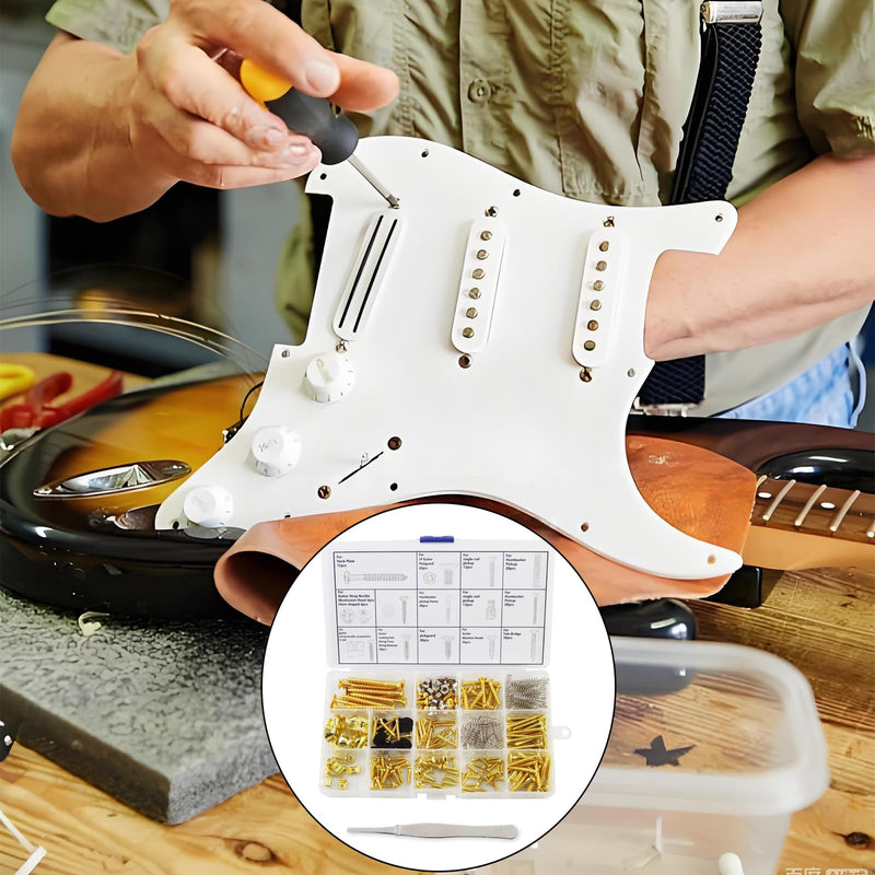 [AUSTRALIA] - Electric Guitar Screw Set, Suitable for Bridges, Pickups, Pickguards, Tuners, Toggle Switches, and Neck Plates. This 233-Piece DIY Tool Kit Includes Tweezers and Strap Buttons, Gold Golden 