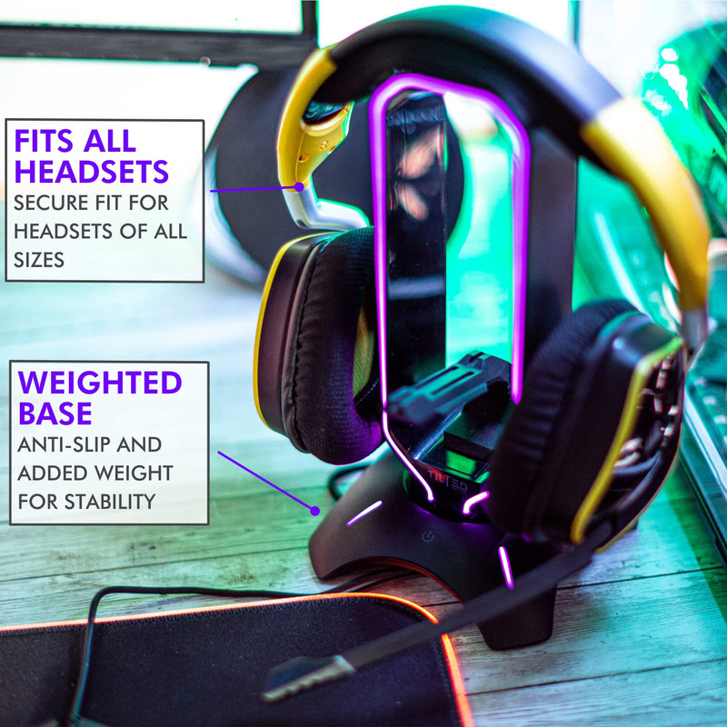 Tilted Nation RGB Headset Stand and Gaming Headphone Stand for Desk Display with Mouse Bungee Cord Holder - Gaming Headset Holder with USB 3.0 Hub for Xbox, PS4, PC - Perfect Gaming Accessories Gift Black