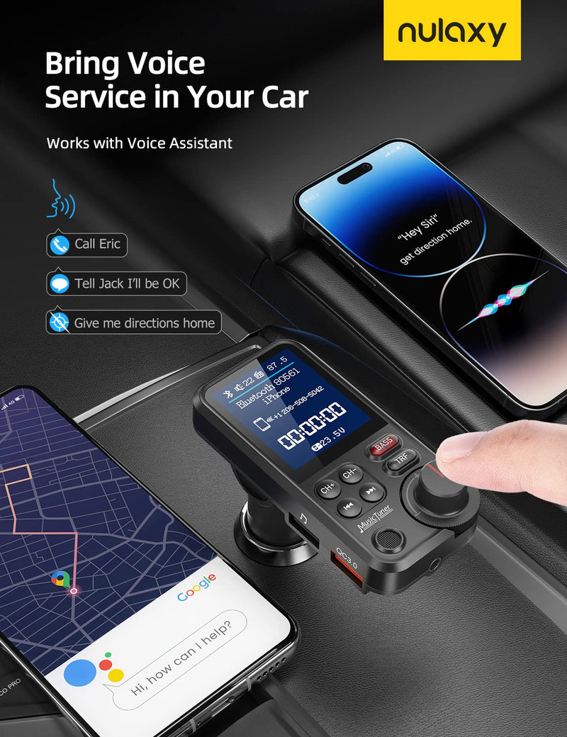 Nulaxy FM Bluetooth Transmitter for Car, Strong Microphone Bluetooth Car Adapter with 1.8" Color Screen for Hands Free Calls, Supports QC3.0 Charging, Treble and Bass Sound Music Player- KM30 Black