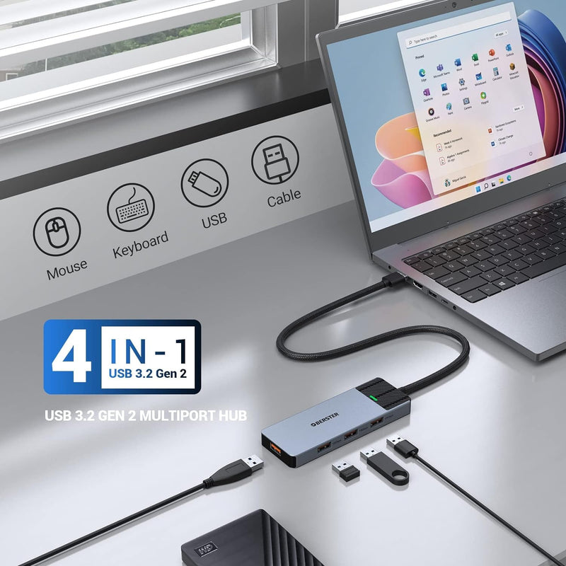 USB HUB, USB Docking, USB 3.2 HUB 5GBPS, Ultra Slim Portable Data Hub, 4 in 1 USB HUB with 4 * USB 3.2 Compatible with Windows, macOS, Linux, Chrome OS Systems(Aluminium)