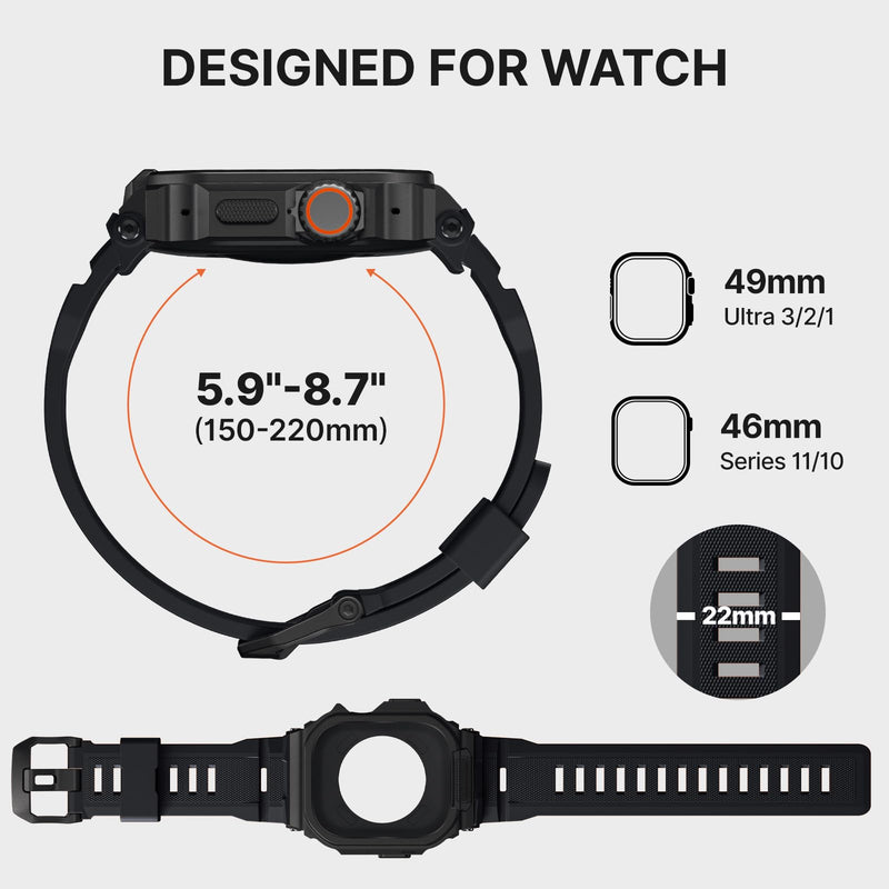 Bandletic Rugged Case Band Compatible with Apple Watch Ultra 3/2/1 49mm | Military Grade Shockproof Bumper Cover for iWatch Tactical Band Men, Screen Protector Included Black/Black