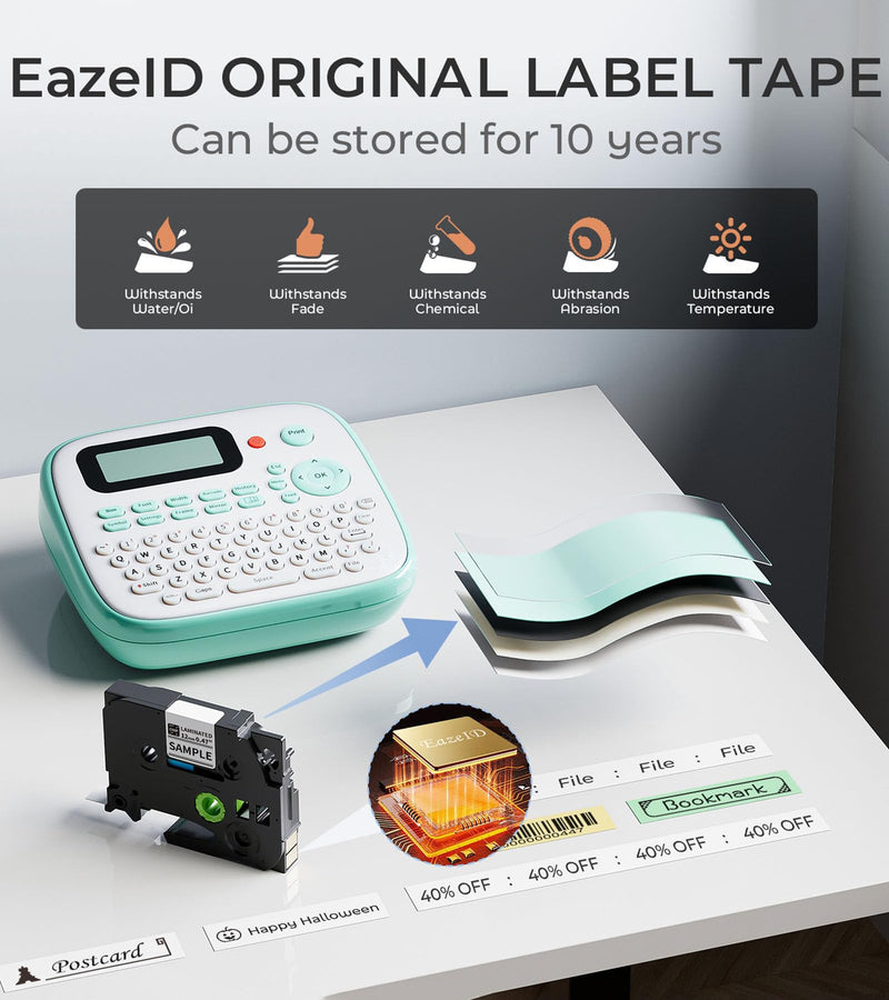 [AUSTRALIA] - Label Maker Machine with Tapes, D210S Label Maker with Keyboard, Handheld Labeler Machine with-Tape 12mm 0.47 Laminated White, Multiple Symbols for Home Office School Kids Use Green 