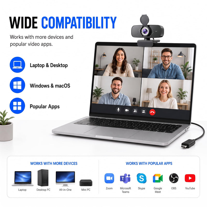 1080P Webcam with Microphone, Privacy Cover & USB-C Adapter | 105° FOV, Fixed Focus, Auto Light Correction, Plug & Play USB-A Camera with Tripod for Zoom, Teams, FaceTime and YouTube 1080p