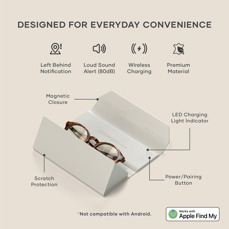 Satechi FindAll Smart Glasses Case with Find My, Foldable & Portable, Wireless Rechargeable, Loud Audible Left-Behind Alerts Sand