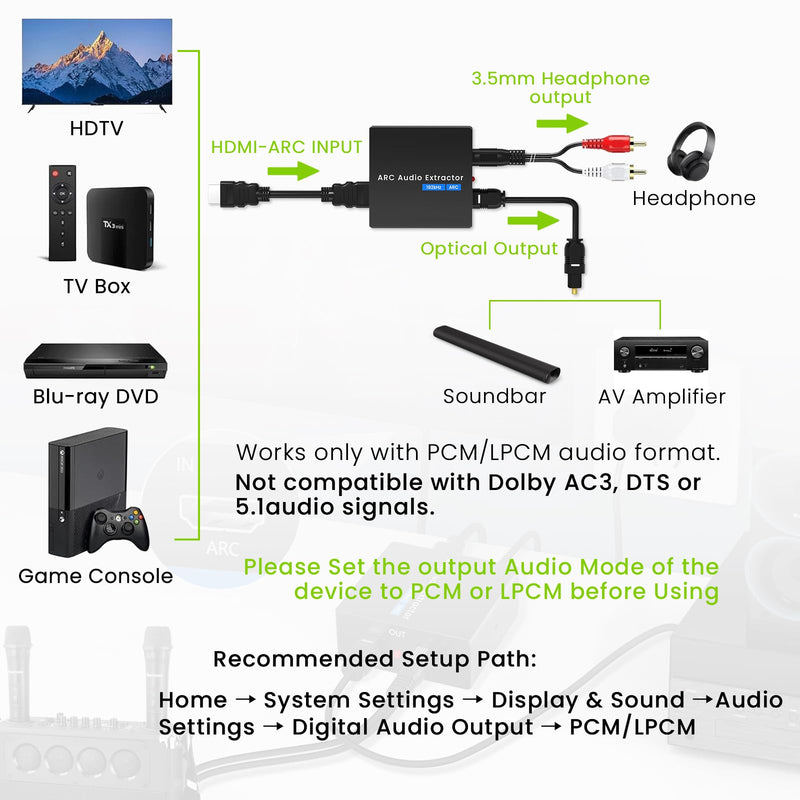 [AUSTRALIA] - 192KHz ARC Audio Extractor, HDMI ARC to Optical Converter, ARC to Optical/Toslink+3.5mm AUX Output, ARC to RCA Audio Converter for TV Amplifier Speaker/Soundbar/Headset 