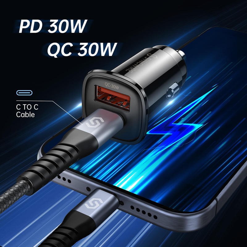 Syncwire USB C Car Charger 60W [PD 30W & QC 30W] Fast Charging USB Adapter with 5FT Type C Cable Compatible with Samsung S23/S22 Google Pixel 7/7Pro iPhone 14 Pro Max and More Black