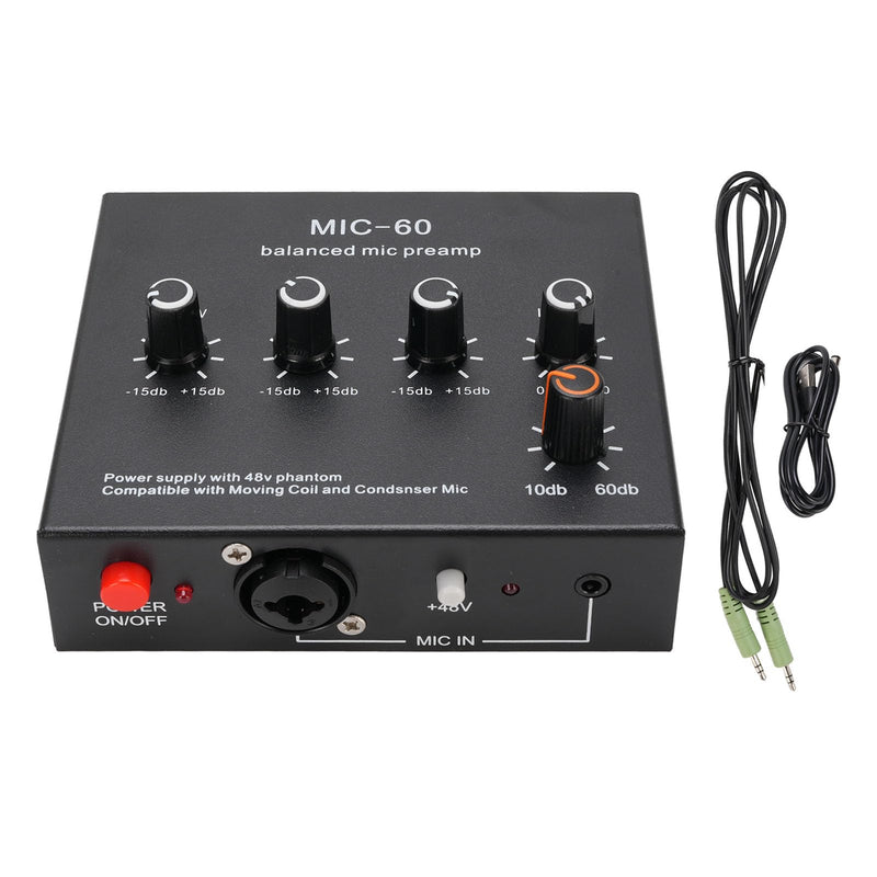 Microphone Preamp Mic Gain Booster 3 Input with 48V Power, XLR Balanced, 3.5mm/6.35mm Output, for Dynamic and Condenser Mic (with 3.5mm Sound Cable) With 3.5mm Sound Cable