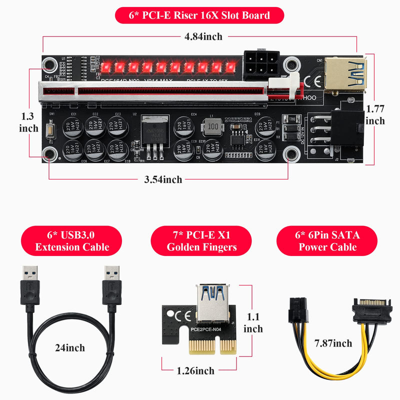 MZHOU 6 Pack 11 Capacitors PCI-E 1X to 16X VER014PRO Riser Card with PCI-E 1X Plug-in Adapter Card for Bitcoin Crypto Mining Ethereum Mining （6 Pack） Black-V014PRO