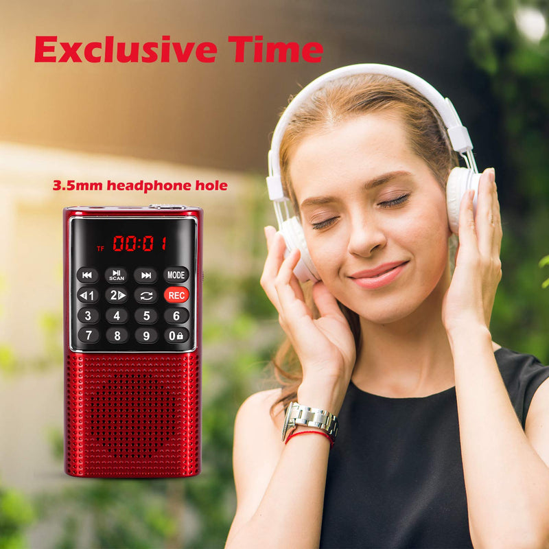 PRUNUS J-328 Mini Portable Pocket FM Radio MP3 Walkman Radio with Recorder, Gifts for Mom, Lock Key, SD Card Player, Rechargeable Battery Operated(NO AM) Red