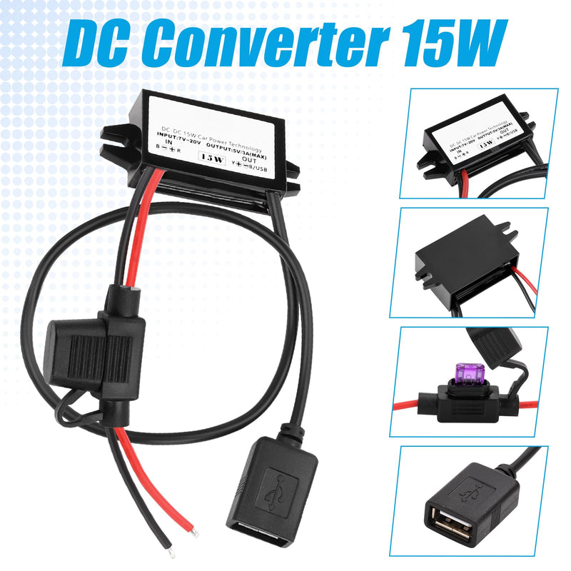 12 V to USB, 12 V to 5 V USB adapter, DC buck converter module 3 A 15 W DC to DC car power converter adapter with fuse (single USB) Single USB with fuse