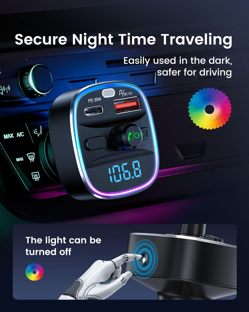 [AUSTRALIA] - LENCENT Bluetooth 5.4 FM Transmitter Car Adapter 48W [PD 30W & 18W] [7 Color Light] [Fast Charging] Wireless Radio Music Adapter Hands-Free Calling, Support USB Drive & TF Card Colorful-48W 