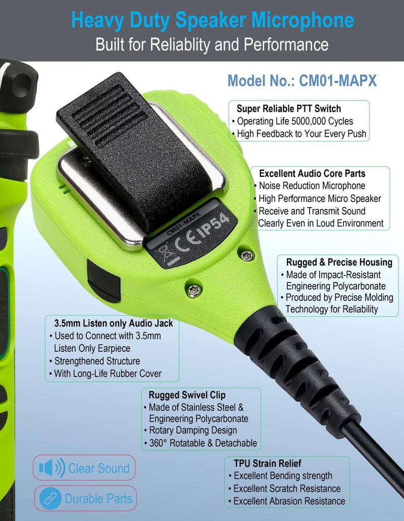 Commountain Speaker Mic with Reinforced Cable for Motorola Radios APX6000 APX7000 APX8000 XPR6350 XPR6550 XPR7550 XPR7350e XPR7550e XPR7580e APX 6000 7000 8000 XPR 6550 7550 7550e,Shoulder Microphone Green
