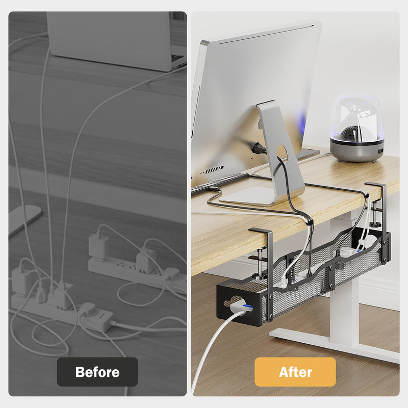 DELAMU 25'' Upgraded No Drilling Under Desk Cable Management Tray, Black | Under Desk Cable Management, Extra-Long, No Tools Required Installation, Height-adjustable, Home Office Gaming Accessories Glossy Black Extended