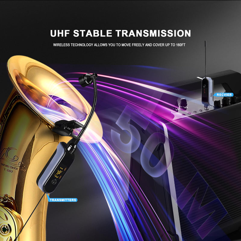 BOMGE UHF Wireless Instruments Microphone,Saxophone Microphone,Wireless Receiver and Transmitter,160ft Range,Plug and Play,Great for Trumpets, Clarinet, Cello, Active PA Systems (WTU-08A) WTU-08A