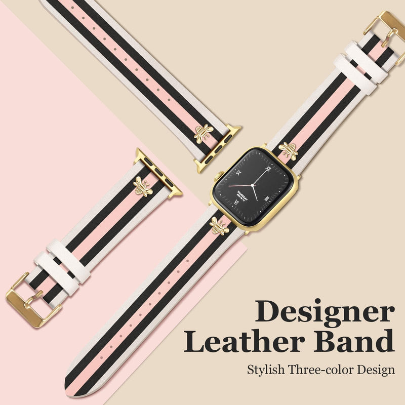 MOINSPIRE Designer Leather Bands with Charms Slim Band and 3Pcs 18k Golden Jewelry Set Bundle Compatible with Apple Watch 38mm 40mm 41mm 42mm 44mm 46mm 45mm 49mm for iWatch Series 11/10/9/8/7/6/5/4/3/