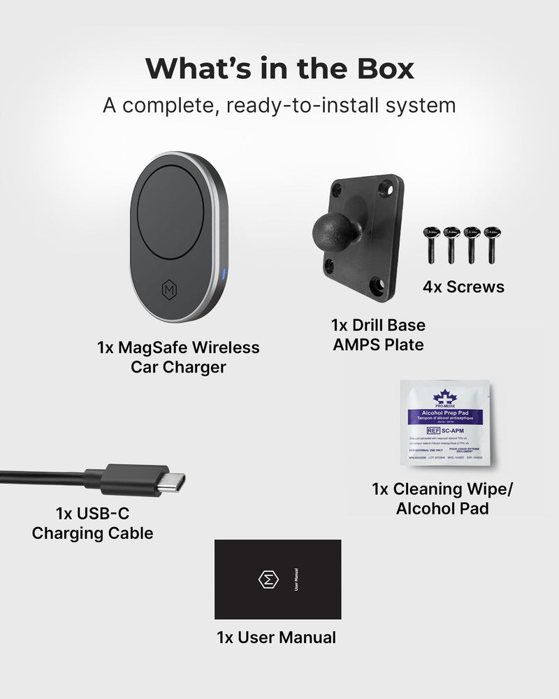 Car Cell Phone Holder with AMPS Mounting Plate - Wireless Magnetic Car Mount Charger - Stand Compatible with iPhone 14/15/16/17/Samsung, Fast Charging (Drill Base AMPS Plate) Magsafe Wireless Charger with Drill Base