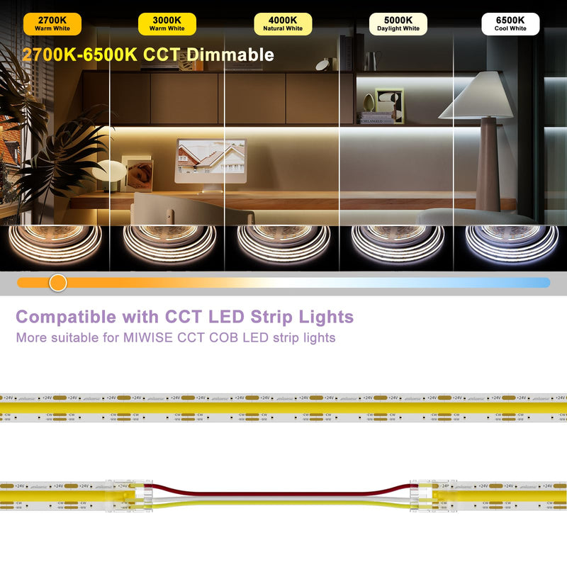 LED Controller Dimmer for CCT COB LED Strip Light,with APP Control,IR Remote,Memory Function,Timing Function for 3-pin Led Strip Lights to Bluetooth/2.4 G Wi-Fi Connection,DC12V 24V