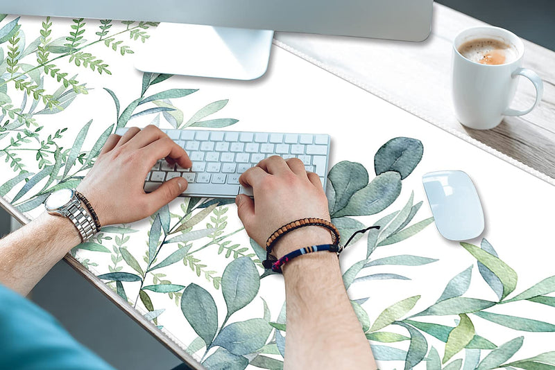 Extended Gaming Mouse Pad (35.4x15.7 inch 3mm Thick), iDonzon Soft Cute Extra Large XXL Waterproof Thicken Desk Mouse Keyboard Mat with Non-Slip Rubber Base & Stitched Edges, Green Plants