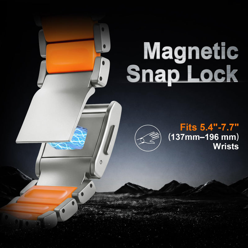 Magnetic Metal Band for Men, Compatible with Apple Watch 42-49mm | Luxury Titanium Silicone Strap, Lightweight Sport Band for iWatch Series 1/2/3/4/5/6/7/8/9/10/11/SE, Fits 5.4"-7.7" Wrists Titanium + Orange
