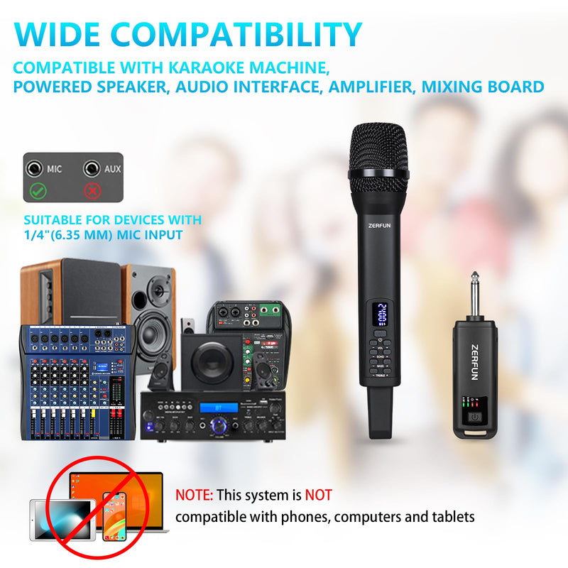 Rechargeable Wireless Microphone, Pro Handheld Cordless Mics System Dynamic with Echo Treble BASS VOL Control for Karaoke Singing Church Party, 1/4'' Output, D240, Black 1 Mic