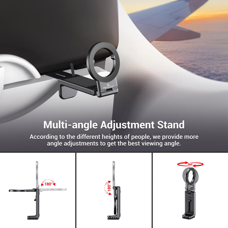 PROfezzion Magnetic Airplane Phone Holder Mount for Mag Safe, 2 Pack Black | Must Have Travel Accessory, Fits iPhone 17 16 15 14 13 12 & All Phone, 360°Rotation, for Desk/Tray Table, Foldable & Small 2 Pack-Black