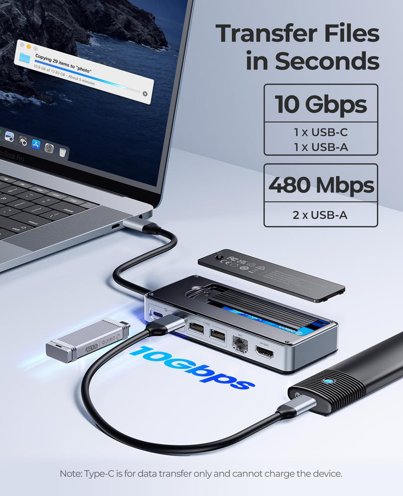 ORICO USB-C Hub with M.2 SSD Enclosure, 8-in-1 USB C Docking Station Fits M.2 NVMe/SATA SSD, 10Gbps, 4K@60Hz HDMI, 100W PD, Ethernet - OM28PR with RJ45