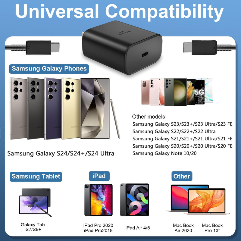 Samsung Galaxy S24 Ultra Charger 45W USB-C Super Fast Charger Android Phone Charger Block with 6.6 FT Cable for Samsung Galaxy S24 Ultra/S24/S24+/S23 Ultra/S23/S23+/S22/S21/S20/Note 10/20, Galaxy Tab black 6.6FT