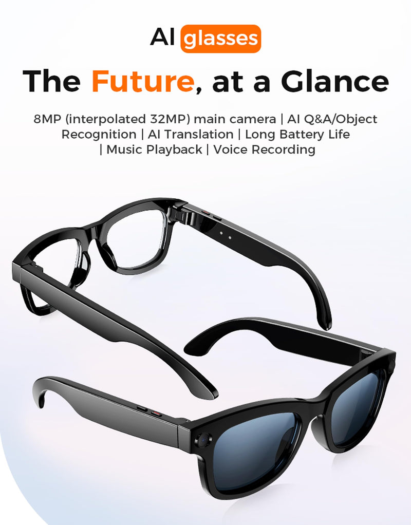 Smart Camera Glasses with Real-Time AI Language Translation, UV400 Sunglasses with Video Recording Camera, Men Women Translator Bluetooth Eyewear with Open-Ear Audio for Outdoor Travel Driving Vlog Black