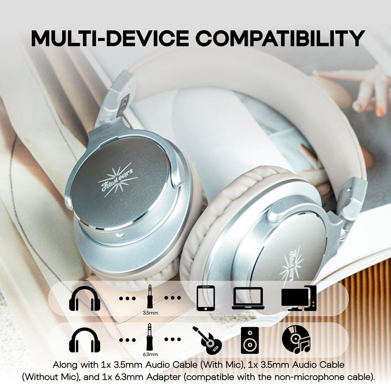 [AUSTRALIA] - Kiwi Ears Division Monitor/DJ Headphones, Wired Over Ear Headphones, Gaming Headset, Mixing DJ Stereo Headsets with 40mm Drivers, 3.5mm/6.35mm Audio Jack for AMP Computer Recording Podcast Silver 