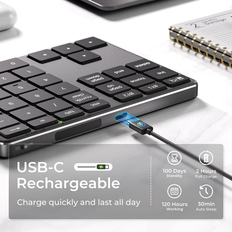 iClever Bluetooth Number Pad for Laptop, Aluminum Wireless Numeric Keypad | 2-Device Switching, Quiet Typing, USB-C Charging, 34-Key Portable Numpad for MacBook, iMac, Laptop, PC, Surface, Data Entry Grey & Black