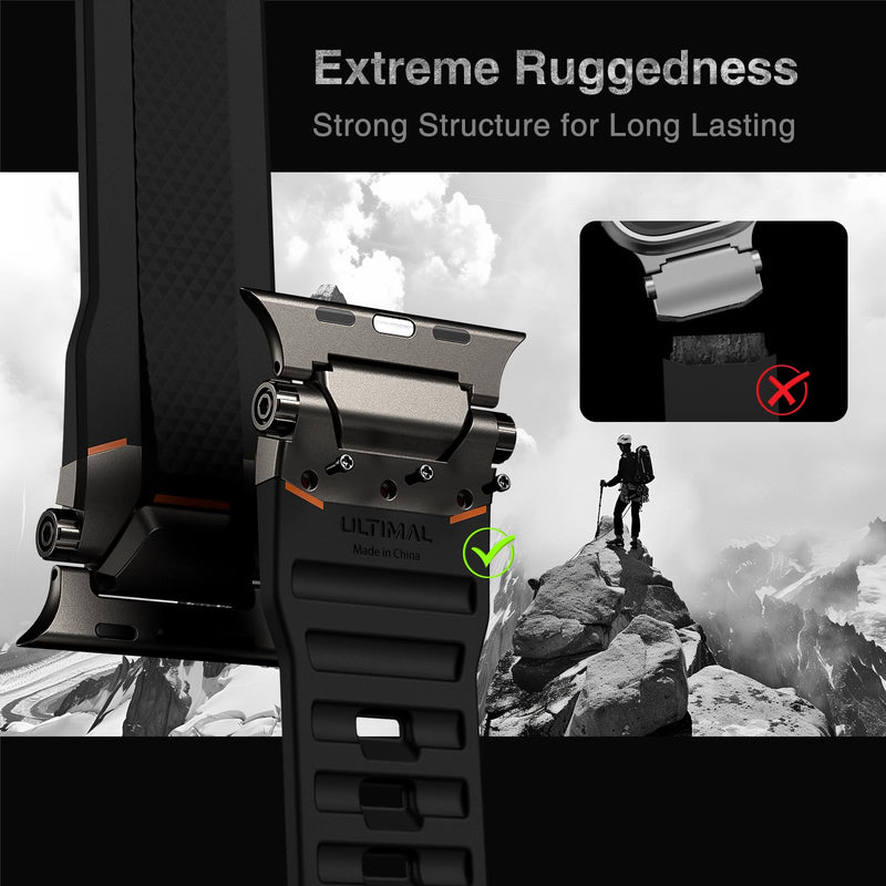 ULTIMAL Rugged Band for Apple Watch Ultra 3/2/1 49mm, Series 11/10/9/8/7/6/5/4 SE 46mm/45mm/44mm, Waterproof, Soft TPU Strap with Stainless Steel Buckle & Connectors, Sweat-Resistant, Easy to Clean, Fits 155-225mm Wrist (Black/Gray) Black/Gray