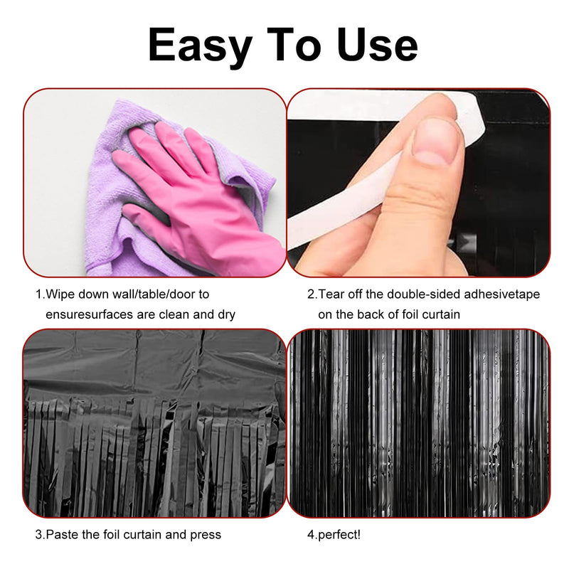 2 Pack 3.2 ft x 9.8 ft Black Tinsel Curtain Party Backdrop Decorations, Metallic Foil Fringe Backdrop Door for Halloween, Christmas, Birthday Graduation Wedding Party Streamers Photo Backdrop.
