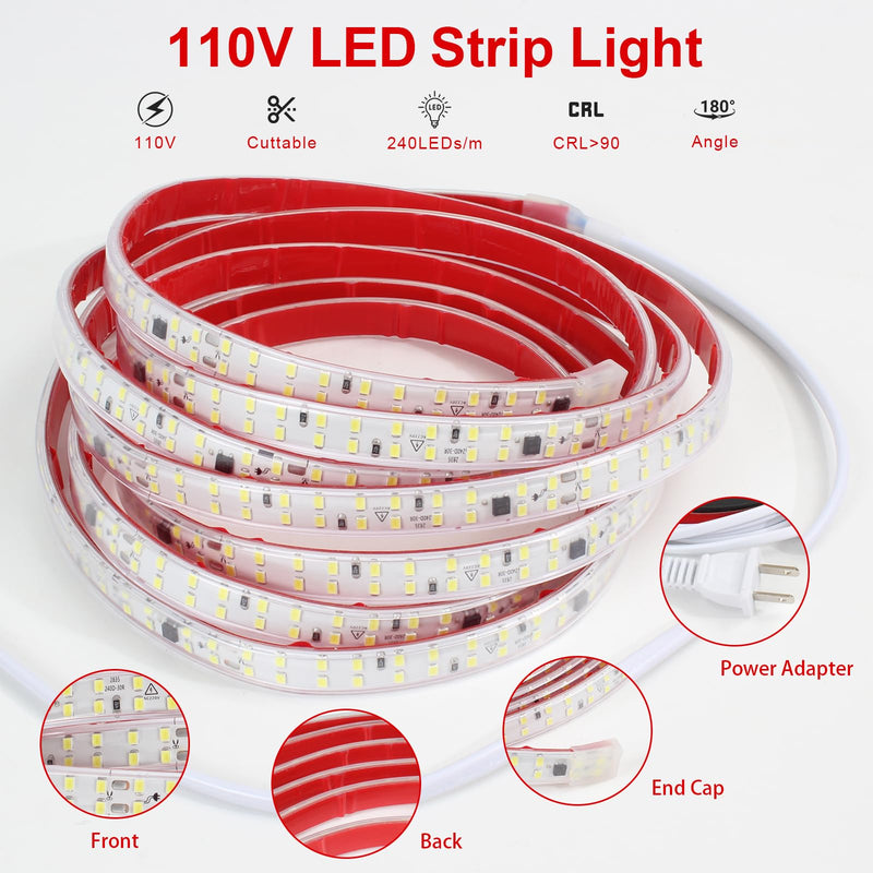 [AUSTRALIA] - LED Strip Lights Outdoor Waterproof 16.4FT AC 110 Volts Cuttable LED Light 5M 240LEDs/m 4000K with Adhesive Double LED Bead Lighting for Bedroom Indoor Patio Christmas Decor White 4000K 