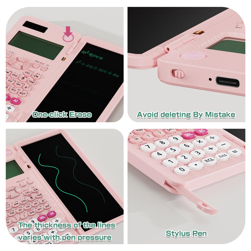 991ES MAX 417 Functions Scientific Calculators 4-Line Display with Notepad | ROATEE Rechargeable CalcNote, Foldable Portable for High School College Students and Teacher Back to School Supplies(Pink) Pink